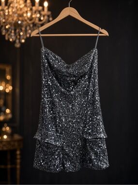 FLAP POCKET SEQUIN TUBE MINI DRESS Large